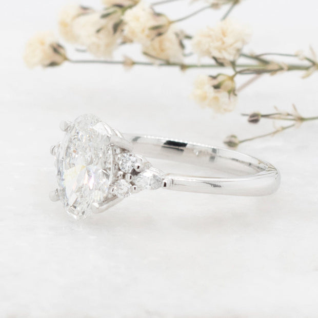 Noah James Jewellers Manchester Engagement Ring Freya Oval Cut Fancy Trefoil Shoulder Engagement Ring Platinum Lab Grown Diamond Moissanite