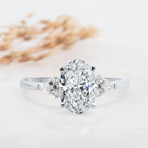 Noah James Jewellers Manchester Engagement Ring Platinum Freya Oval Cut Fancy Trefoil Shoulder Engagement Ring Platinum Lab Grown Diamond Moissanite