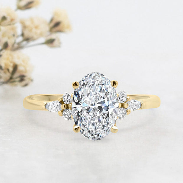 Noah James Jewellers Manchester Engagement Ring Freya Oval Cut Fancy Trefoil Shoulder Engagement Ring Yellow Gold Lab Grown Diamond Moissanite