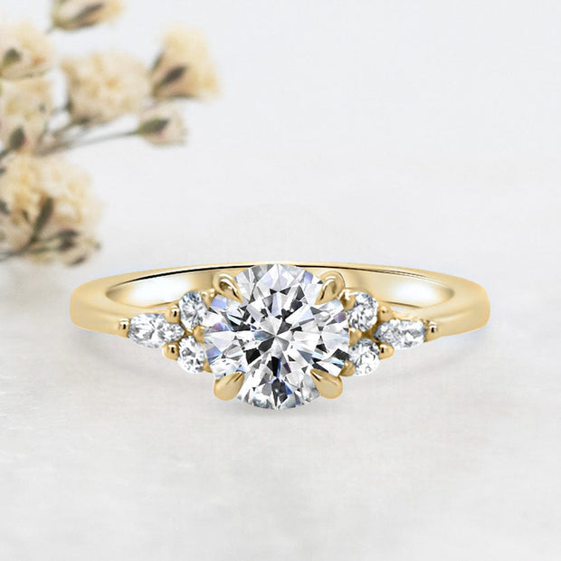Noah James Jewellers Manchester Engagement Ring Freya Round Brilliant Cut Fancy Trefoil Shoulder Engagement Ring Yellow Gold Lab Grown Diamond Moissanite