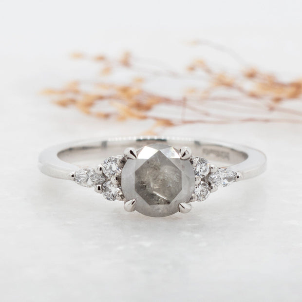 Noah James Jewellers Manchester In Stock Engagement Ring Freya Round salt and pepper diamond engagement ring with fancy trefoil shoulders Lab Grown Diamond Moissanite