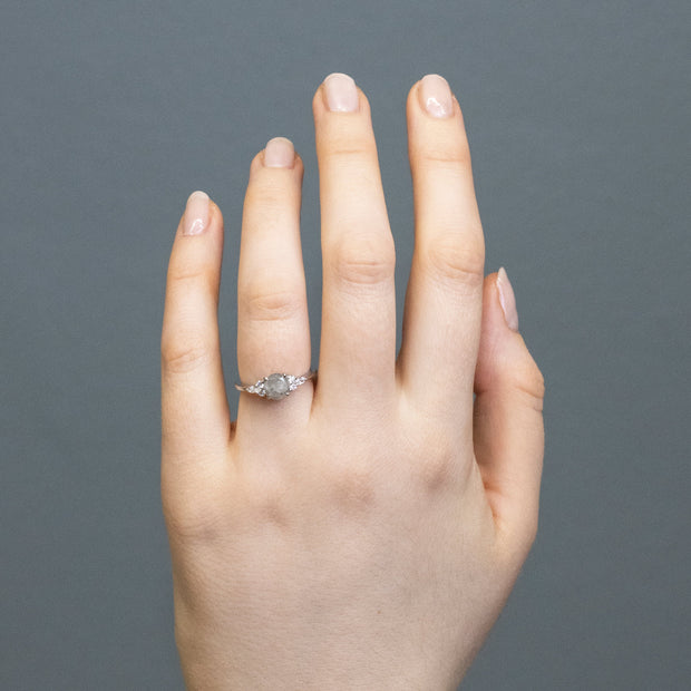 Freya Round salt and pepper diamond engagement ring with fancy trefoil shoulders Platinum 0.88ct