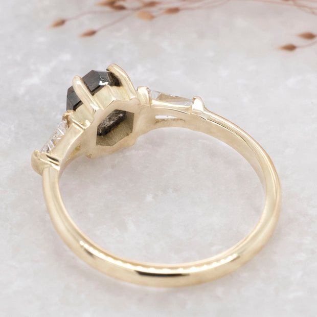 Noah James Jewellers Manchester In Stock Engagement Ring Frida Hexagon Salt and Pepper and Tapered Baguette Diamond  Ring Lab Grown Diamond Moissanite