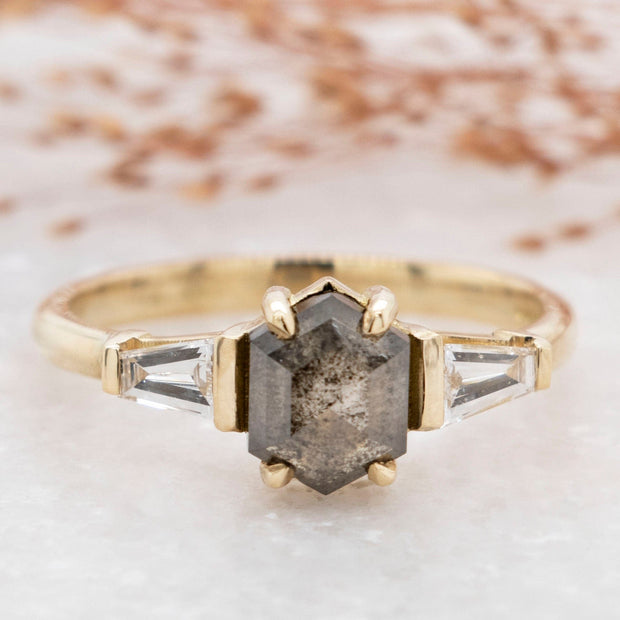Noah James Jewellers Manchester In Stock Engagement Ring Frida Hexagon Salt and Pepper and Tapered Baguette Diamond  Ring Lab Grown Diamond Moissanite