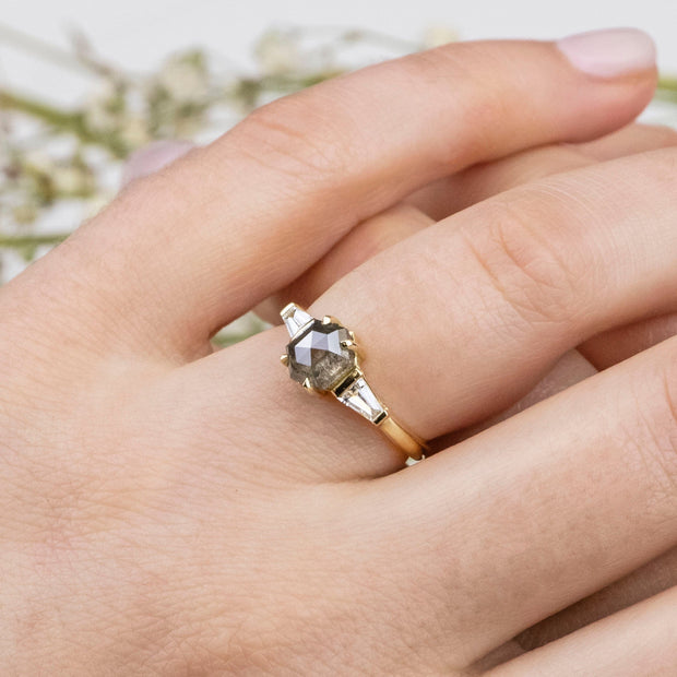 Noah James Jewellers Manchester In Stock Engagement Ring Frida Hexagon Salt and Pepper and Tapered Baguette Diamond  Ring Lab Grown Diamond Moissanite