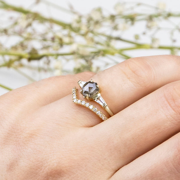 Noah James Jewellers Manchester In Stock Engagement Ring Frida Hexagon Salt and Pepper and Tapered Baguette Diamond  Ring Lab Grown Diamond Moissanite