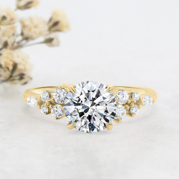 Noah James Jewellers Manchester Engagement Ring Gaia Round Brilliant Cut Scattered Diamond Shoulder Engagement Ring Yellow Gold Lab Grown Diamond Moissanite