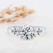 Noah James Jewellers Manchester Engagement Ring Platinum Gaia Round Brilliant Cut Scattered Diamond Shoulder Engagement Ring Yellow Gold Lab Grown Diamond Moissanite