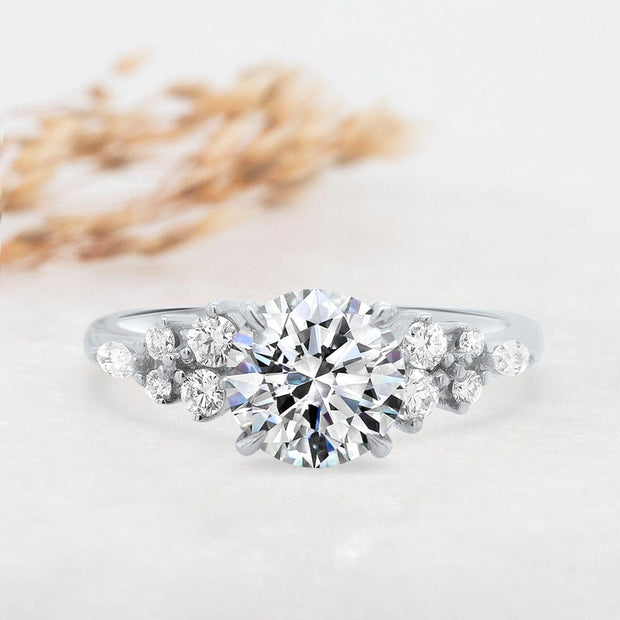 Noah James Jewellers Manchester Engagement Ring Platinum Gaia Round Brilliant Cut Scattered Diamond Shoulder Engagement Ring Yellow Gold Lab Grown Diamond Moissanite