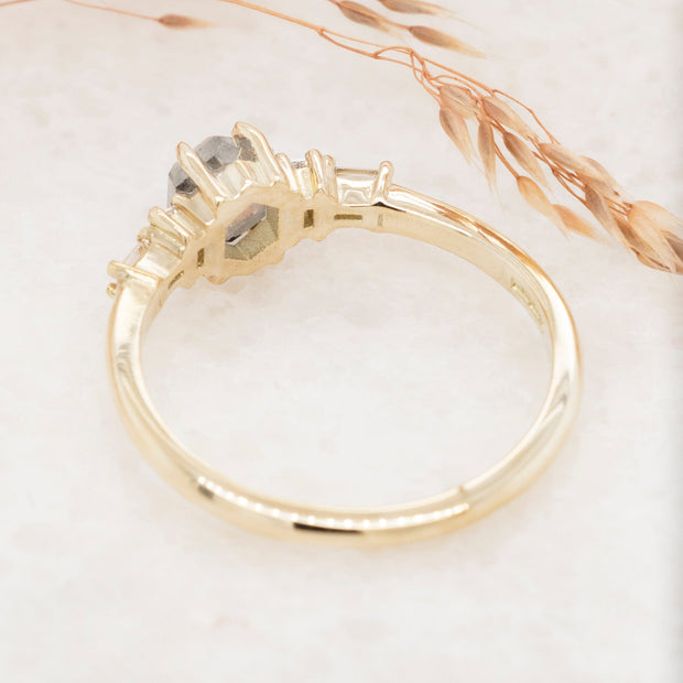 Noah James Jewellers Manchester In Stock Engagement Ring Hedda Hexagon salt and pepper diamond engagement ring with baguette shoulders Lab Grown Diamond Moissanite