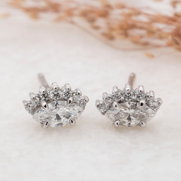 Noah James Jewellers Manchester In Stock Earring Hera Marquise Lab Grown Diamond Asymmetric Half Halo Earrings - White Gold Lab Grown Diamond Moissanite