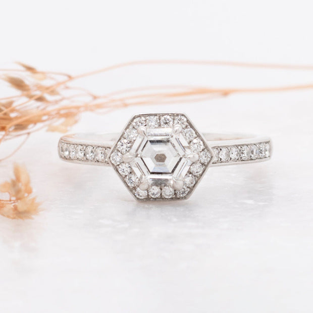 Noah James Jewellers Manchester In Stock Engagement Ring Platinum Hexagon Diamond Engagement Ring Lab Grown Diamond Moissanite