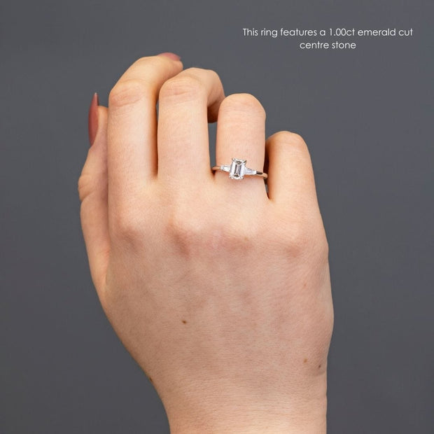 Noah James Jewellers Manchester Engagement Ring Iris Emerald Cut and Tapered Baguette Engagement Ring Platinum Lab Grown Diamond Moissanite