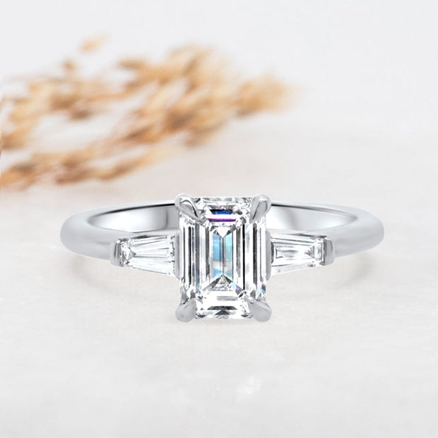 Noah James Jewellers Manchester Engagement Ring Iris Emerald Cut and Tapered Baguette Engagement Ring Platinum Lab Grown Diamond Moissanite