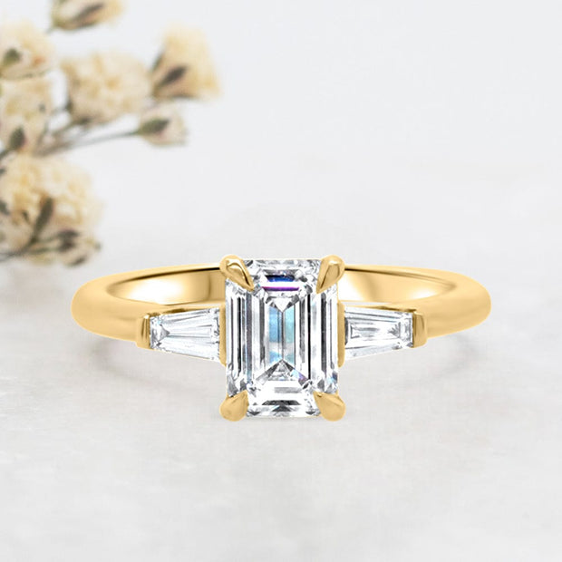 Noah James Jewellers Manchester Engagement Ring Iris Emerald Cut and Tapered Baguette Engagement Ring Platinum Lab Grown Diamond Moissanite