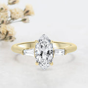 Noah James Jewellers Manchester Engagement Ring Iris Marquise Cut and Tapered Baguette Engagement Ring Yellow Gold Lab Grown Diamond Moissanite