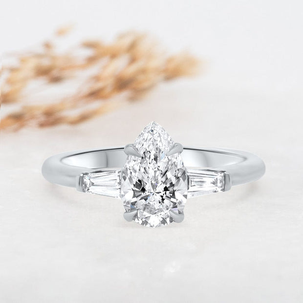 Noah James Jewellers Manchester Engagement Ring Iris Pear Shape and Tapered Baguette Engagement Ring Platinum Lab Grown Diamond Moissanite