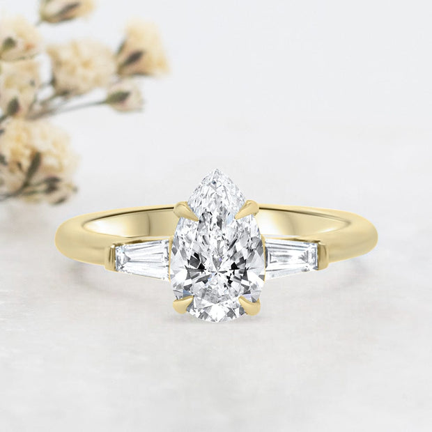 Noah James Jewellers Manchester Engagement Ring Iris Pear Shape and Tapered Baguette Engagement Ring Yellow Gold Lab Grown Diamond Moissanite