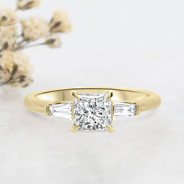 Noah James Jewellers Manchester Engagement Ring Iris Princess Cut and Tapered Baguette Engagement Ring Yellow Gold Lab Grown Diamond Moissanite