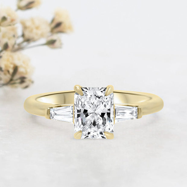 Noah James Jewellers Manchester Engagement Ring Iris Radiant Cut and Tapered Baguette Engagement Ring Yellow Gold Lab Grown Diamond Moissanite