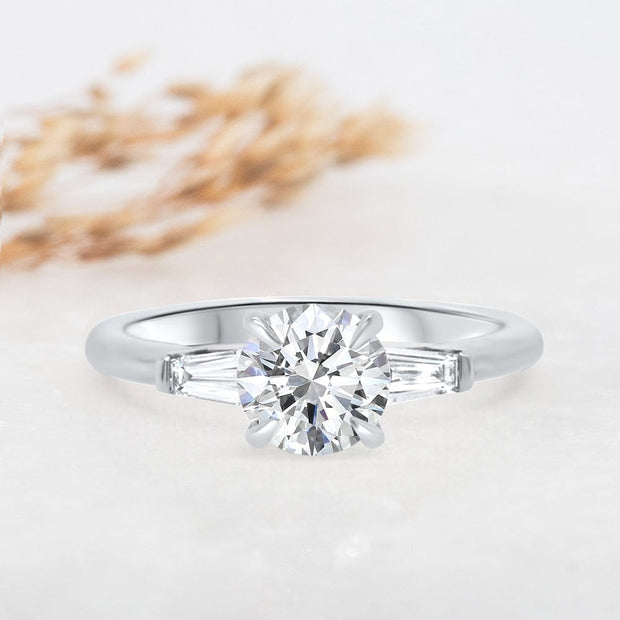 Noah James Jewellers Manchester Engagement Ring Iris Round Brilliant Cut and Tapered Baguette Engagement Ring Platinum Lab Grown Diamond Moissanite
