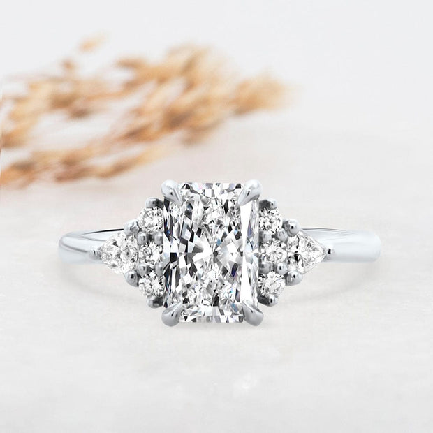 Noah James Jewellers Manchester Engagement Ring Platinum Juliet Radiant Cut Fancy Cluster Shoulder Engagement Ring Platinum Lab Grown Diamond Moissanite