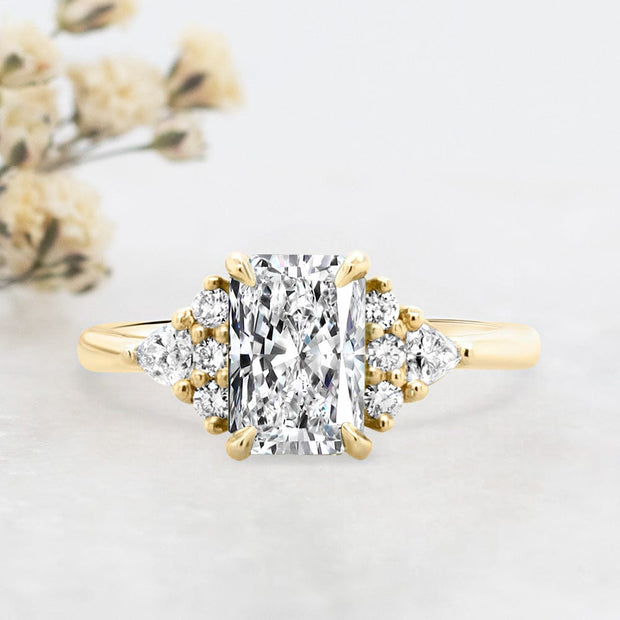 Noah James Jewellers Manchester Engagement Ring Juliet Radiant Cut Fancy Cluster Shoulder Engagement Ring Yellow Gold Lab Grown Diamond Moissanite
