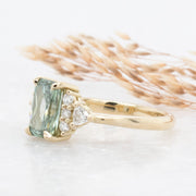 Noah James Jewellers Manchester In Stock Engagement Ring Juliet Radiant Cut Green Lab Grown Diamond Engagement Ring with fancy cluster shoulders 18ct yellow gold 1.50ct Lab Grown Diamond Moissanite