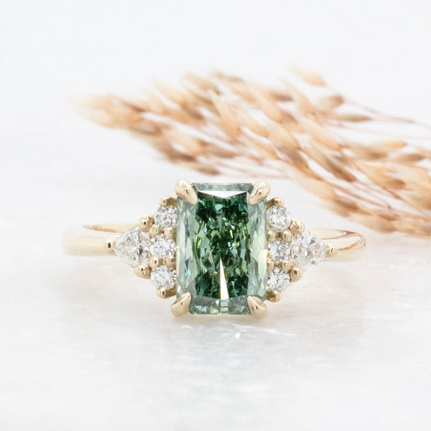 Noah James Jewellers Manchester In Stock Engagement Ring Juliet Radiant Cut Green Lab Grown Diamond Engagement Ring with fancy cluster shoulders 18ct yellow gold 1.50ct Lab Grown Diamond Moissanite