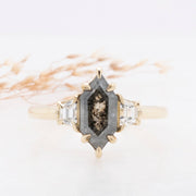 Noah James Jewellers Manchester In Stock Engagement Ring Juno Elongated Hexagon Salt and Pepper and Trapezoid Cut Diamond Ring 18ct Yellow Gold Lab Grown Diamond Moissanite