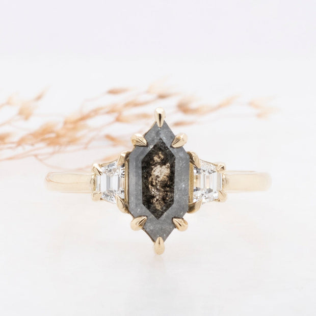 Noah James Jewellers Manchester In Stock Engagement Ring Juno Elongated Hexagon Salt and Pepper and Trapezoid Cut Diamond Ring 18ct Yellow Gold Lab Grown Diamond Moissanite