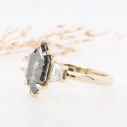 Noah James Jewellers Manchester In Stock Engagement Ring Juno Elongated Hexagon Salt and Pepper and Trapezoid Cut Diamond Ring 18ct Yellow Gold Lab Grown Diamond Moissanite