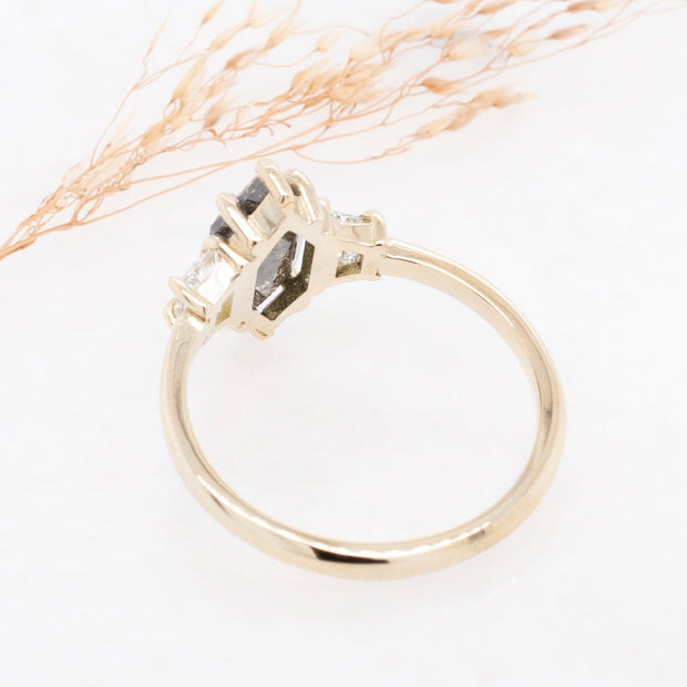 Noah James Jewellers Manchester In Stock Engagement Ring Juno Elongated Hexagon Salt and Pepper and Trapezoid Cut Diamond Ring 18ct Yellow Gold Lab Grown Diamond Moissanite