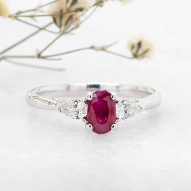 Noah James Jewellers Manchester In Stock Coloured Stone Ring Luna Oval Cut Ruby and Pear Shape Diamond Ring Lab Grown Diamond Moissanite