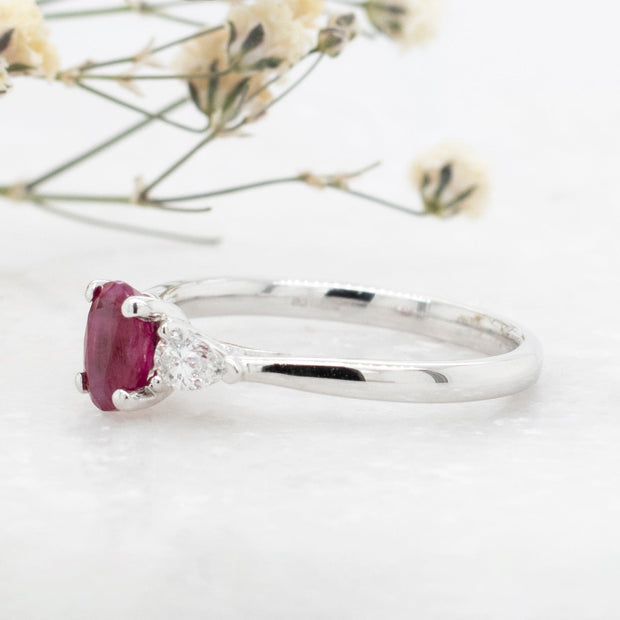 Noah James Jewellers Manchester In Stock Coloured Stone Ring Luna Oval Cut Ruby and Pear Shape Diamond Ring Lab Grown Diamond Moissanite