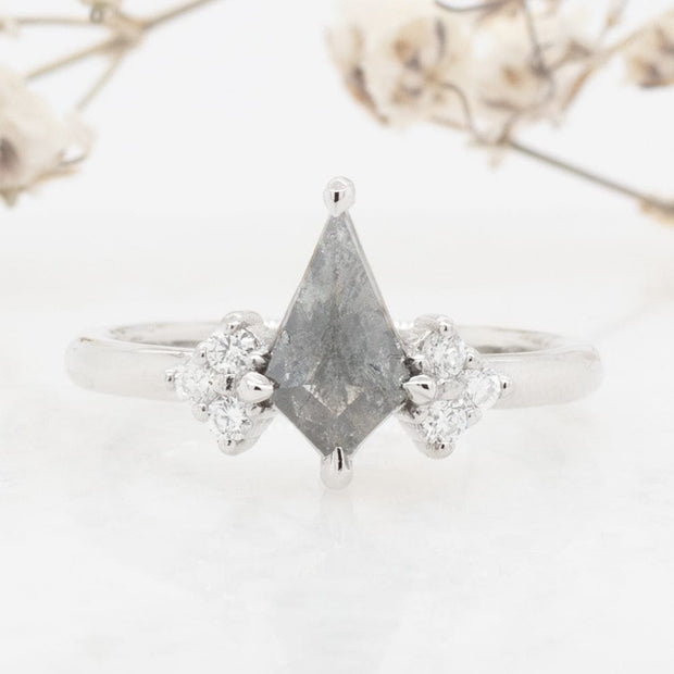 Noah James Jewellers Manchester In Stock Engagement Ring Lykke Kite Shape Salt and Pepper Diamond trefoil cluster ring platinum Lab Grown Diamond Moissanite