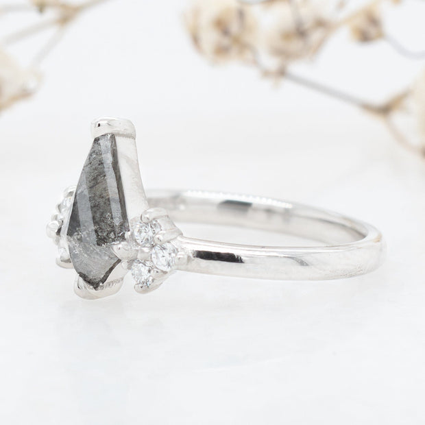 Noah James Jewellers Manchester In Stock Engagement Ring Lykke Kite Shape Salt and Pepper Diamond Trefoil Cluster Ring Platinum Lab Grown Diamond Moissanite