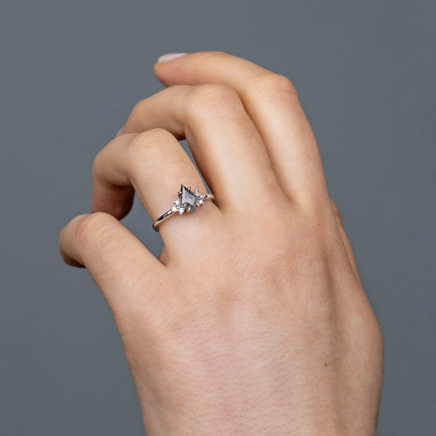 Noah James Jewellers Manchester In Stock Engagement Ring Lykke Kite Shape Salt and Pepper Diamond trefoil cluster ring platinum Lab Grown Diamond Moissanite