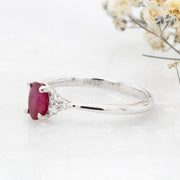 Noah James Jewellers Manchester In Stock Coloured Stone Ring Maia Oval Cut Ruby Ring with Trefoil Diamond Shoulders Lab Grown Diamond Moissanite