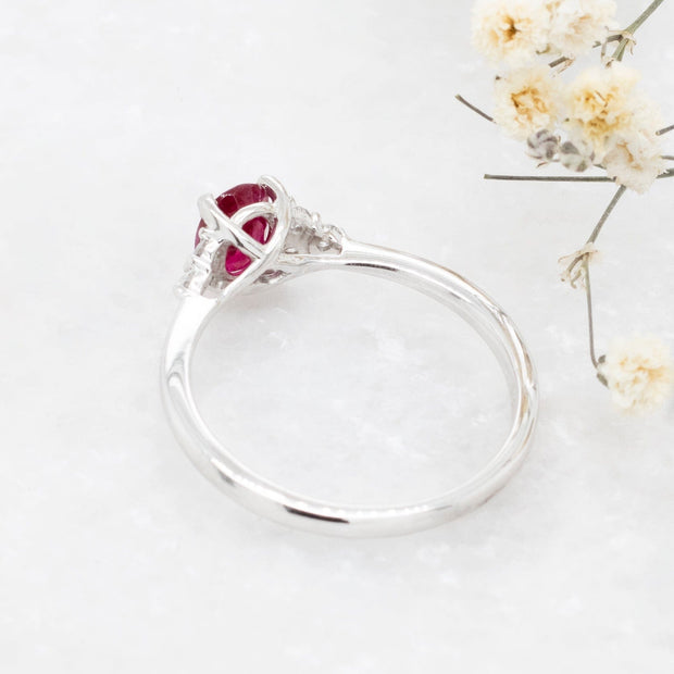 Noah James Jewellers Manchester In Stock Coloured Stone Ring Maia Oval Cut Ruby Ring with Trefoil Diamond Shoulders Lab Grown Diamond Moissanite