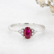 Noah James Jewellers Manchester In Stock Coloured Stone Ring Maia Oval Cut Ruby Ring with Trefoil Diamond Shoulders Lab Grown Diamond Moissanite