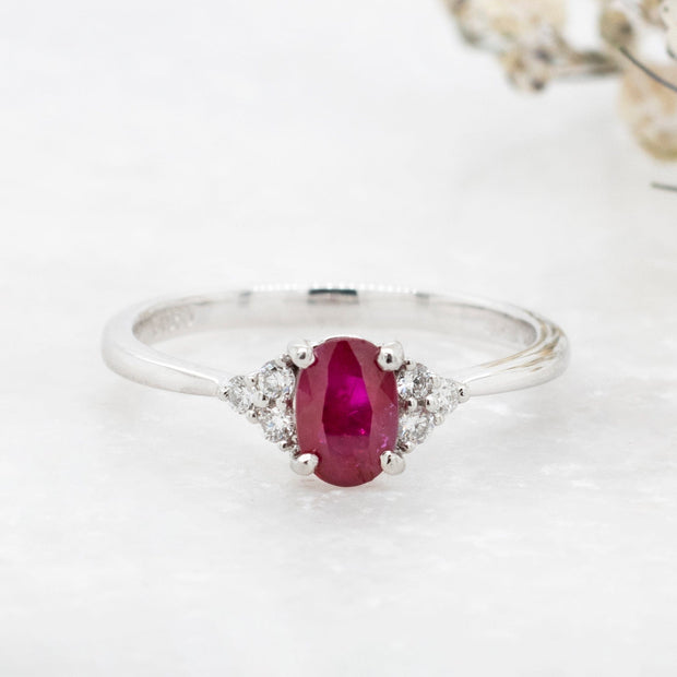 Noah James Jewellers Manchester In Stock Coloured Stone Ring Maia Oval Cut Ruby Ring with Trefoil Diamond Shoulders Lab Grown Diamond Moissanite