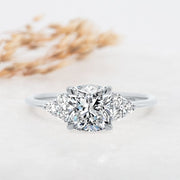 Noah James Jewellers Manchester Engagement Ring Margot Cushion and Round Brilliant Cut Trefoil Shoulder Engagement Ring Platinum Lab Grown Diamond Moissanite
