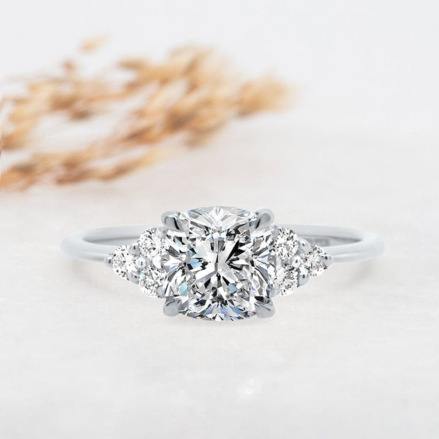 Noah James Jewellers Manchester Engagement Ring Margot Cushion and Round Brilliant Cut Trefoil Shoulder Engagement Ring Platinum Lab Grown Diamond Moissanite