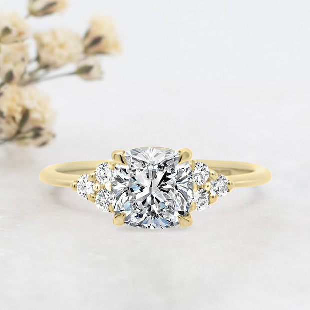 Noah James Jewellers Manchester Engagement Ring Margot Cushion and Round Brilliant Cut Trefoil Shoulder Engagement Ring Yellow Gold Lab Grown Diamond Moissanite