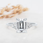 Noah James Jewellers Manchester Engagement Ring Margot Emerald Cut and Round Brilliant Cut Trefoil Shoulder Engagement Ring Platinum Lab Grown Diamond Moissanite