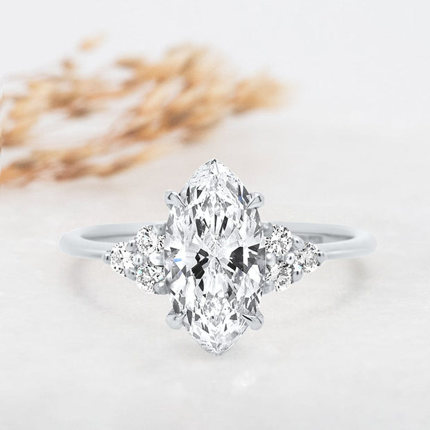 Noah James Jewellers Manchester Engagement Ring Margot Marquise and Round Brilliant Cut Trefoil Shoulder Engagement Ring Platinum Lab Grown Diamond Moissanite