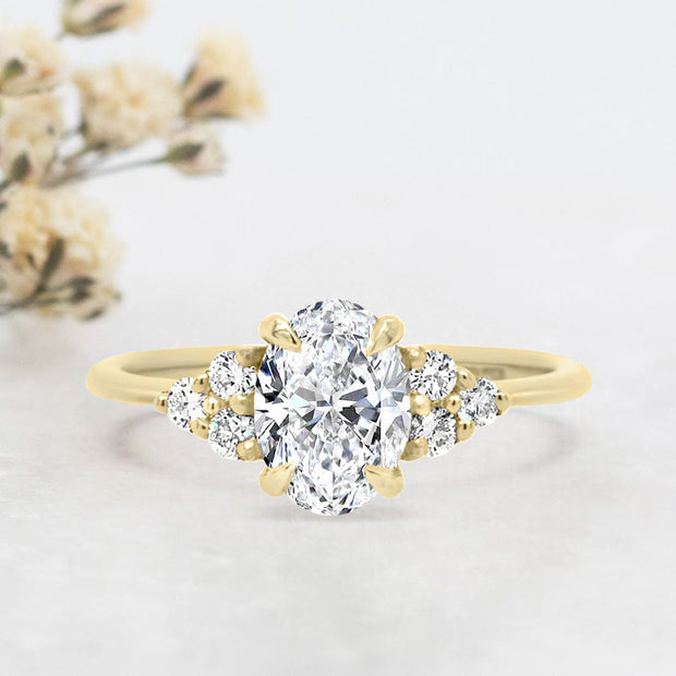 Noah James Jewellers Manchester Engagement Ring Margot Oval and Round Brilliant Cut Trefoil Shoulder Engagement Ring Yellow Gold Lab Grown Diamond Moissanite