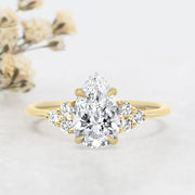 Noah James Jewellers Manchester Engagement Ring Margot Pear and Round Brilliant Cut Trefoil Shoulder Engagement Ring Yellow Gold Lab Grown Diamond Moissanite