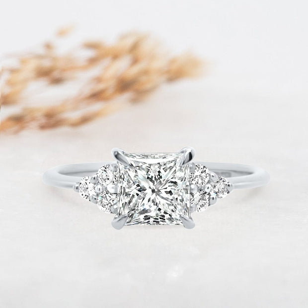 Noah James Jewellers Manchester Engagement Ring Margot Princess and Round Brilliant Cut Trefoil Shoulder Engagement Ring Platinum Lab Grown Diamond Moissanite